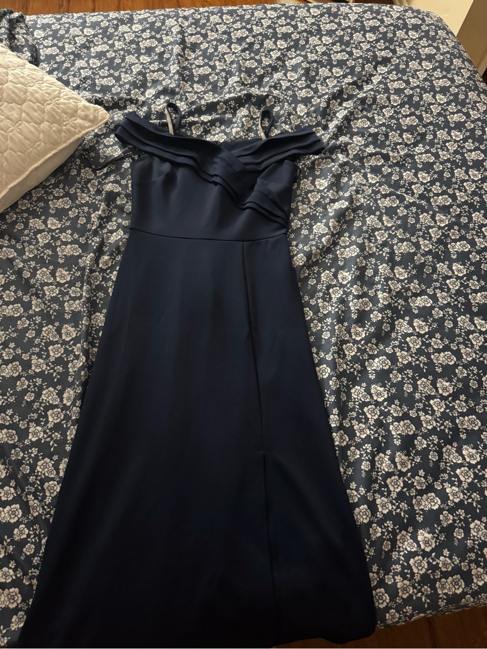 Off-Shoulder Navy Formal Dress with Ruffle Detail